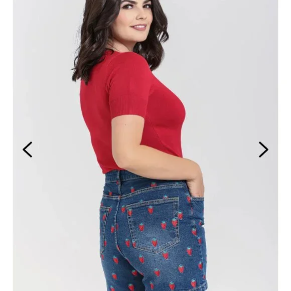 Hell Bunny Strawberry Denim Shorts Size M - Picture 2 of 6